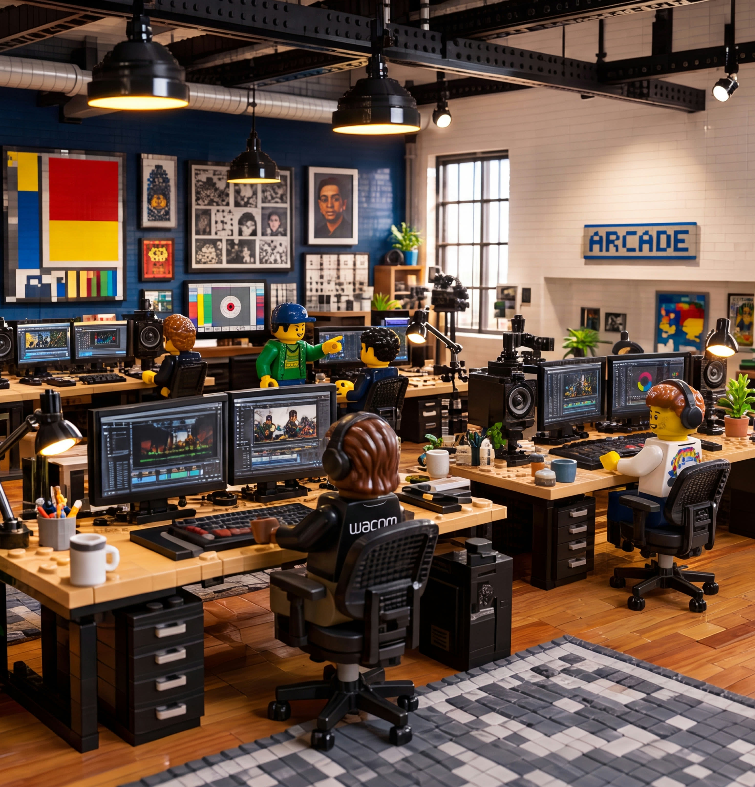 LEGO-style render of the Arcade colour and edit suites, with an ARCADE sign on the wall.